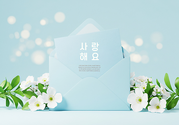 PSD 편집이미지 꽃 하늘색 잎 편지봉투 사랑 사람없음 편지 보케 이미지편집 식물 감정 봉투 파란색 파일형식