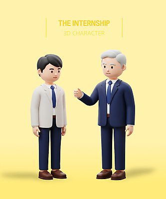 전신 PSD 편집이미지 할아버지 노년 남자 회사 3D캐릭터 대화 미소 정장 성인 두명 노란색 3D 손들기 업무 직장인 인턴 인턴쉽 남자만 편집3D 직업 캐릭터 옷 컬러 비즈니스 모션 표정 말하기 사람 작업 디지털합성 파일형식