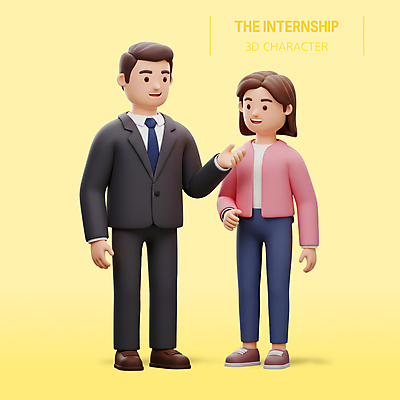 전신 PSD 편집이미지 여자 남자 회사 3D캐릭터 대화 미소 정장 성인 두명 노란색 3D 손들기 업무 직장인 인턴 인턴쉽 성인만 편집3D 직업 캐릭터 옷 컬러 비즈니스 모션 표정 말하기 사람 작업 디지털합성 파일형식