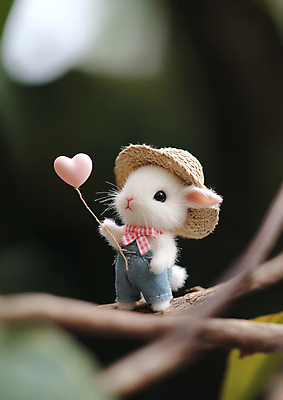 JPG 동물 편집이미지 자연 사랑 들기 사람없음 귀여움 스카프 나뭇가지 멜빵바지 토끼캐릭터 밀짚모자 하트풍선 토끼인형 편집실사 AI컴퓨터그래픽 AI콘텐츠 나무 모자_잡화 감정 인형 동물캐릭터 컨셉 바지 모션 목도리 하트 토끼 멜빵 CG 생태계 풍선 파일형식