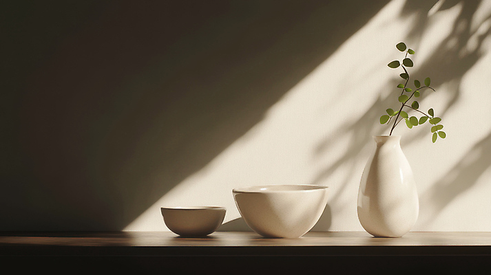 JPG 편집이미지 그릇 잎 그림자 사람없음 햇빛 꽃병 도자기 오브젝트 베이지색 킨포크 편집실사 AI포토 AI콘텐츠 식물 식기 꽃 컬러 태양 CG 파일형식