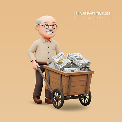 전신 PSD 편집이미지 할아버지 노년 남자 3D캐릭터 한명 3D 수레 작업 신문 수집 아르바이트 베이지색 수레끌기 노인남자한명만 안경낌 편집3D 캐릭터 1 안경 컬러 사람 성인 간행물 카트 뉴스 당기기 디지털합성 남자한명만 노인남자만 파일형식