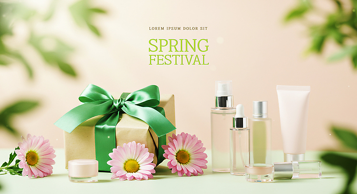 PSD 편집이미지 리본 분홍색 봄꽃 이벤트 사람없음 선물상자 세일 피부관리 스킨케어 수분크림 튜브용기 목업 이미지편집 꽃 컬러 선물 상자 뷰티 봄 화장품 용기_그릇 파일형식