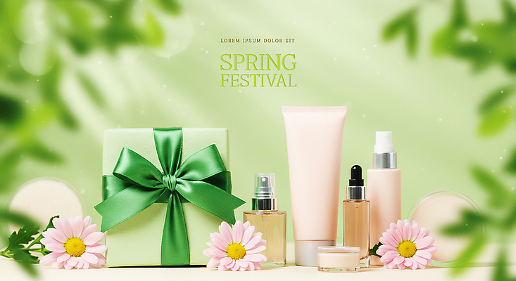 PSD 편집이미지 리본 봄꽃 이벤트 사람없음 연두색 선물상자 세일 피부관리 스킨케어 수분크림 앰플 튜브용기 목업 이미지편집 꽃 선물 초록색 상자 뷰티 봄 화장품 용기_그릇 파일형식