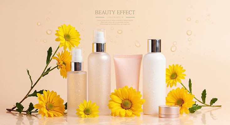 PSD 편집이미지 잎 봄꽃 이벤트 사람없음 화장품 물방울 스킨케어 살구색 튜브용기 목업 이미지편집 편집실사 식물 꽃 컬러 뷰티 봄 용기_그릇 CG 파일형식