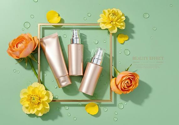 PSD 편집이미지 꽃잎 봄꽃 그림자 이벤트 사람없음 화장품 물방울 스킨케어 민트색 튜브용기 목업 이미지편집 편집실사 꽃 컬러 뷰티 봄 용기_그릇 CG 파일형식