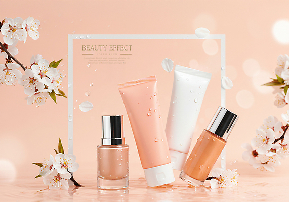 PSD 편집이미지 잎 봄꽃 이벤트 사람없음 물 화장품 물방울 나뭇가지 보케 스킨케어 살구색 튜브용기 목업 이미지편집 편집실사 자연요소 나무 식물 꽃 컬러 뷰티 봄 용기_그릇 CG 파일형식