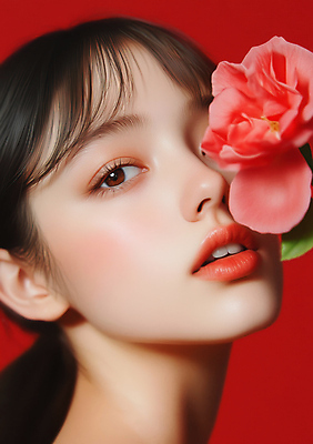 JPG 모델 편집이미지 응시 여자 꽃 얼굴 한명 성인 빨간색 뷰티 얼굴가리기 의료성형뷰티 성인여자한명만 편집실사 AI인물포토 AI콘텐츠 식물 1 시선 컬러 사람 신체부위 가림 CG 여자한명만 성인여자만 파일형식 AI포토