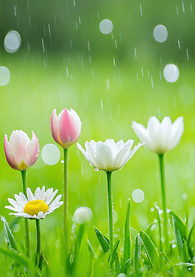 JPG 편집이미지 자연 잔디 사람없음 초록색 봄풍경 튤립 봄비 빗방울 데이지 보케 편집실사 AI포토 AI콘텐츠 식물 꽃 컬러 풍경 봄 비_날씨 CG 생태계 파일형식