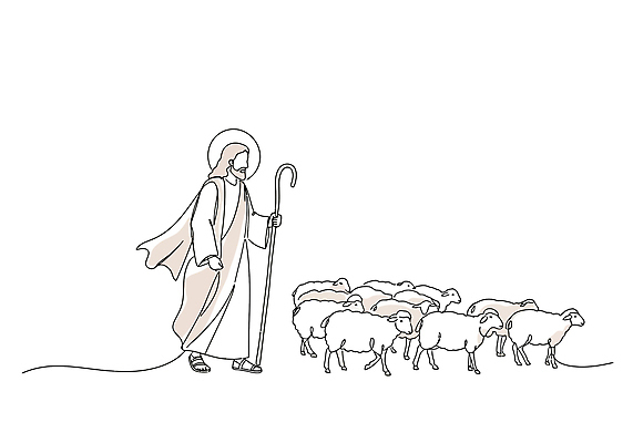 전신 남자 기독교 라인일러스트 일러스트 지팡이 한명 성인 걷기 주황색 예수 라인아트 양떼 성인남자한명만 국내일러스트 AI파일 1 종교 선 컬러 모션 사람 양 신_종교 남자한명만 성인남자만 파일형식 벡터