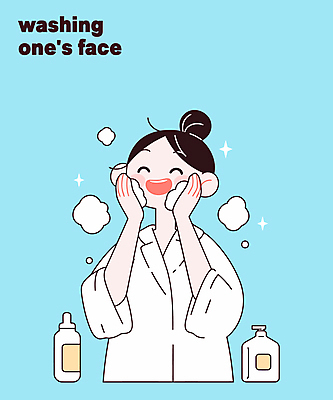 여자 하늘색 일러스트 한명 미소 상반신 성인 반짝임 눈감음 거품 목욕가운 세수 피부관리 세안제 성인여자한명만 문지르기 일러캐릭터 AI파일 캐릭터 1 모션 표정 사람 파란색 뷰티 청결 가운 세안용품 여자한명만 성인여자만 파일형식 벡터