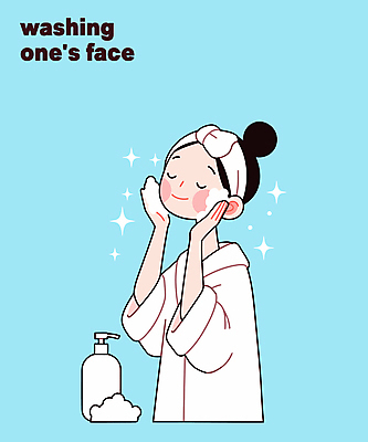 여자 하늘색 일러스트 한명 미소 상반신 성인 반짝임 눈감음 거품 머리띠 목욕가운 세수 피부관리 세안제 성인여자한명만 문지르기 일러캐릭터 AI파일 캐릭터 1 장신구 모션 표정 사람 파란색 뷰티 청결 가운 세안용품 여자한명만 성인여자만 파일형식 벡터