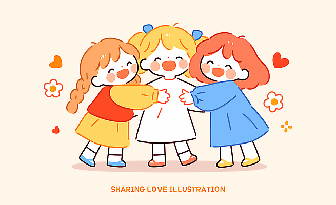 전신 여자 꽃 어린이 일러스트 포옹 미소 소녀 세명 귀여움 주황색 하트 사랑나눔 베이지색 소녀만 일러캐릭터 AI파일 모양 식물 캐릭터 컬러 컨셉 안기 표정 사랑 사람 나눔 여자만 어린이만 파일형식 벡터