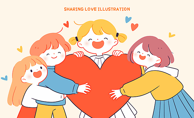 여자 남자 어린이 일러스트 포옹 미소 들기 소녀 소년 여러명 귀여움 주황색 하트 사랑나눔 베이지색 어린이만 일러캐릭터 AI파일 모양 캐릭터 컬러 다수 컨셉 안기 모션 표정 사랑 사람 나눔 파일형식 벡터
