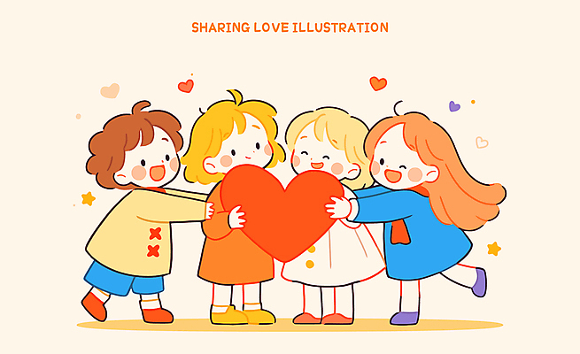 전신 여자 남자 어린이 일러스트 포옹 윙크 미소 들기 소녀 소년 여러명 귀여움 주황색 하트 사랑나눔 베이지색 어린이만 일러캐릭터 AI파일 모양 캐릭터 컬러 다수 컨셉 안기 모션 표정 사랑 사람 나눔 파일형식 벡터