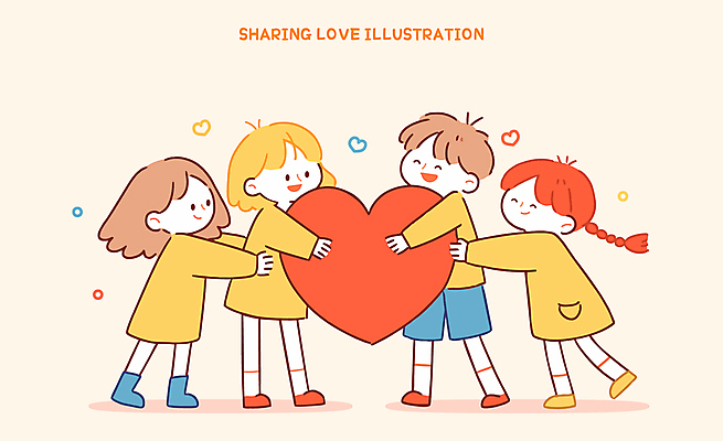 전신 여자 남자 어린이 일러스트 포옹 미소 들기 소녀 소년 여러명 귀여움 주황색 하트 사랑나눔 베이지색 어린이만 일러캐릭터 AI파일 모양 캐릭터 컬러 다수 컨셉 안기 모션 표정 사랑 사람 나눔 파일형식 벡터