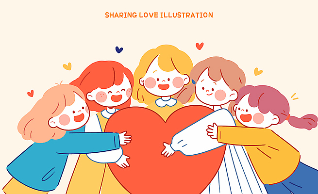 여자 어린이 일러스트 포옹 미소 들기 소녀 여러명 귀여움 주황색 하트 사랑나눔 베이지색 소녀만 일러캐릭터 AI파일 모양 캐릭터 컬러 다수 컨셉 안기 모션 표정 사랑 사람 나눔 여자만 어린이만 파일형식 벡터