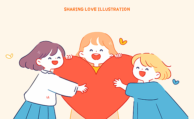 여자 어린이 일러스트 포옹 미소 들기 소녀 세명 귀여움 주황색 하트 사랑나눔 베이지색 소녀만 일러캐릭터 AI파일 모양 캐릭터 컬러 컨셉 안기 모션 표정 사랑 사람 나눔 여자만 어린이만 파일형식 벡터