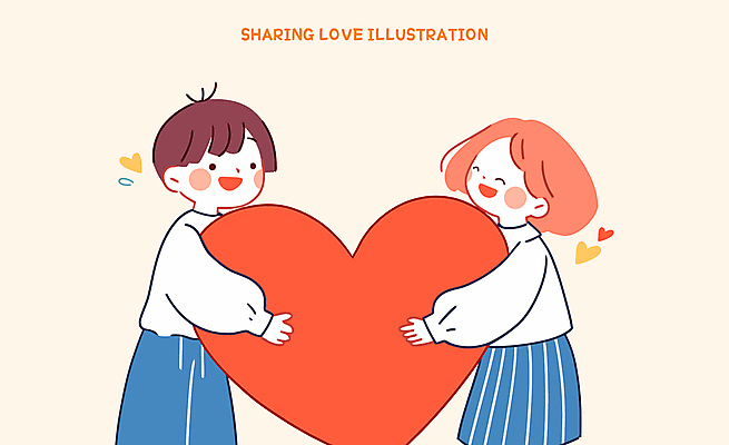 여자 남자 어린이 일러스트 포옹 미소 들기 소녀 소년 두명 귀여움 주황색 하트 사랑나눔 베이지색 어린이만 일러캐릭터 AI파일 모양 캐릭터 컬러 컨셉 안기 모션 표정 사랑 사람 나눔 파일형식 벡터