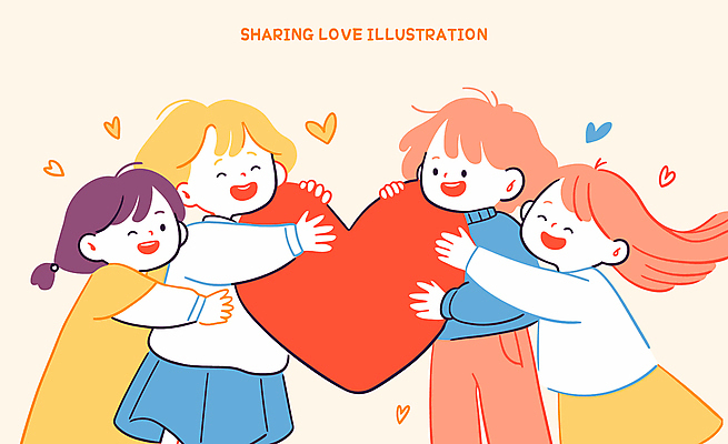 여자 남자 어린이 일러스트 포옹 미소 들기 소녀 소년 여러명 귀여움 주황색 하트 사랑나눔 베이지색 어린이만 일러캐릭터 AI파일 모양 캐릭터 컬러 다수 컨셉 안기 모션 표정 사랑 사람 나눔 파일형식 벡터