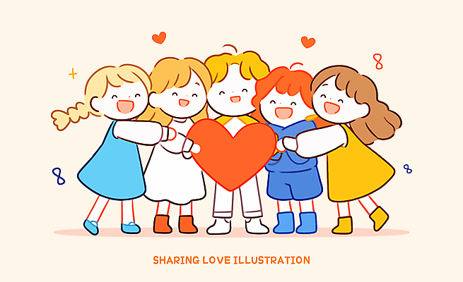 전신 여자 어린이 일러스트 포옹 미소 들기 소녀 여러명 귀여움 주황색 하트 사랑나눔 베이지색 소녀만 일러캐릭터 AI파일 모양 캐릭터 컬러 다수 컨셉 안기 모션 표정 사랑 사람 나눔 여자만 어린이만 파일형식 벡터