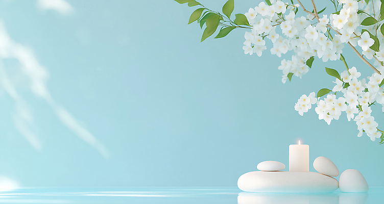 JPG 편집이미지 꽃 하늘색 촛불 나뭇잎 사람없음 햇빛 평화 봄 조약돌 힐링 청량 편집실사 AI포토 AI콘텐츠 식물 계절 컨셉 잎 초 파란색 태양 돌_바위 CG 파일형식