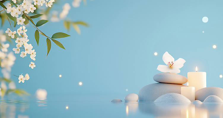 JPG 편집이미지 꽃 하늘색 촛불 나뭇잎 사람없음 빛 햇빛 반사 평화 봄 조약돌 수면 힐링 청량 편집실사 AI포토 AI콘텐츠 식물 계절 컨셉 잎 초 물 파란색 태양 돌_바위 CG 파일형식