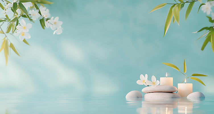 JPG 편집이미지 꽃 하늘색 나뭇잎 사람없음 햇빛 평화 봄 조약돌 수면 힐링 청량 편집실사 AI포토 AI콘텐츠 식물 계절 컨셉 잎 물 파란색 태양 돌_바위 CG 파일형식