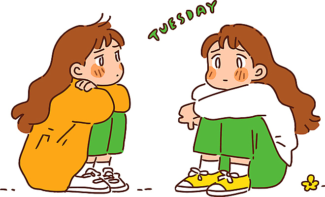 전신 여자 일러스트 성인 두명 웅크림 우울감 화요일 성인여자만 국내일러스트 AI파일 감정 모션 사람 요일 여자만 성인만 파일형식 벡터
