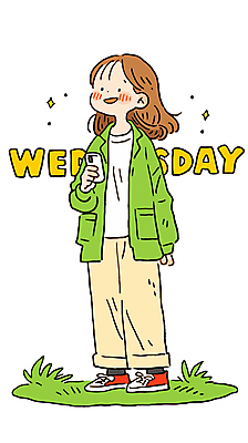 전신 여자 일러스트 한명 미소 들기 잔디 성인 스마트폰 평화 풀 수요일 성인여자한명만 국내일러스트 AI파일 식물 1 컨셉 모션 표정 사람 핸드폰 스마트기기 요일 여자한명만 성인여자만 파일형식 벡터