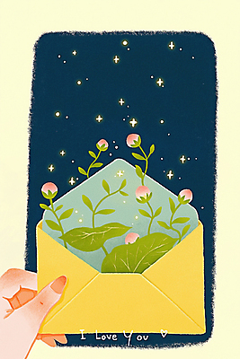 JPG 손 꽃 일러스트 밤하늘 편지봉투 들기 신체부위 봄 풀잎 남색 국내일러스트 AI일러스트 AI콘텐츠 식물 계절 컬러 잎 모션 하늘 봉투 사람 풀_식물 야간 편지 파일형식