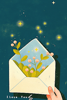 JPG 손 꽃 일러스트 밤하늘 편지봉투 들기 신체부위 봄 풀잎 남색 국내일러스트 AI일러스트 AI콘텐츠 식물 계절 컬러 잎 모션 하늘 봉투 사람 풀_식물 야간 편지 파일형식