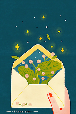 JPG 손 꽃 일러스트 밤하늘 편지봉투 들기 신체부위 봄 풀잎 남색 국내일러스트 AI일러스트 AI콘텐츠 식물 계절 컬러 잎 모션 하늘 봉투 사람 풀_식물 야간 편지 파일형식