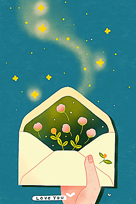 JPG 손 꽃 일러스트 밤하늘 편지봉투 들기 신체부위 봄 풀잎 남색 별빛 국내일러스트 AI일러스트 AI콘텐츠 식물 계절 별 컬러 잎 모션 하늘 봉투 사람 빛 풀_식물 야간 편지 파일형식