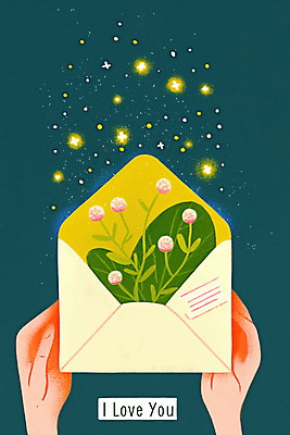 JPG 손 꽃 일러스트 밤하늘 편지봉투 들기 신체부위 봄 풀잎 남색 국내일러스트 AI일러스트 AI콘텐츠 식물 계절 컬러 잎 모션 하늘 봉투 사람 풀_식물 야간 편지 파일형식