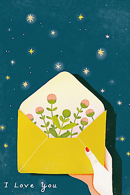 JPG 손 꽃 일러스트 밤하늘 편지봉투 들기 신체부위 봄 풀잎 남색 국내일러스트 AI일러스트 AI콘텐츠 식물 계절 컬러 잎 모션 하늘 봉투 사람 풀_식물 야간 편지 파일형식