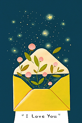 JPG 손 꽃 일러스트 밤하늘 편지봉투 들기 신체부위 봄 풀잎 남색 국내일러스트 AI일러스트 AI콘텐츠 식물 계절 컬러 잎 모션 하늘 봉투 사람 풀_식물 야간 편지 파일형식