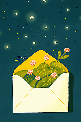 JPG 손 꽃 일러스트 밤하늘 편지봉투 들기 사람없음 봄 풀잎 남색 국내일러스트 AI일러스트 AI콘텐츠 식물 계절 컬러 잎 모션 하늘 봉투 신체부위 풀_식물 야간 편지 파일형식