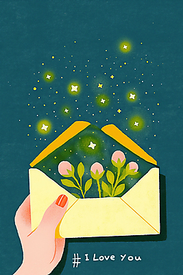 JPG 손 꽃 일러스트 밤하늘 편지봉투 들기 신체부위 봄 풀잎 남색 국내일러스트 AI일러스트 AI콘텐츠 식물 계절 컬러 잎 모션 하늘 봉투 사람 풀_식물 야간 편지 파일형식