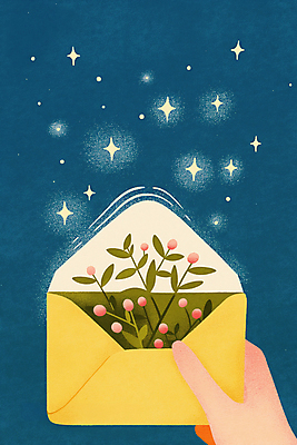 JPG 손 꽃 일러스트 밤하늘 편지봉투 들기 신체부위 봄 풀잎 남색 국내일러스트 AI일러스트 AI콘텐츠 식물 계절 컬러 잎 모션 하늘 봉투 사람 풀_식물 야간 편지 파일형식