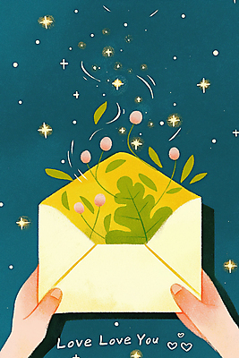 JPG 손 꽃 일러스트 밤하늘 편지봉투 들기 신체부위 봄 풀잎 남색 국내일러스트 AI일러스트 AI콘텐츠 식물 계절 컬러 잎 모션 하늘 봉투 사람 풀_식물 야간 편지 파일형식