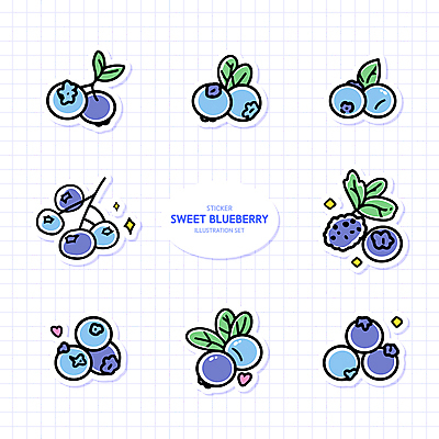열매 스티커 잎 일러스트 나뭇잎 사람없음 반짝임 보라색 나뭇가지 하트 블루베리 국내일러스트 AI파일 모양 나무 식물 컬러 과일 모션 파일형식 벡터