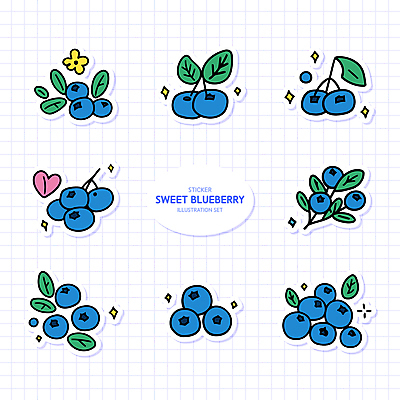 열매 꽃 스티커 잎 일러스트 나뭇잎 사람없음 반짝임 보라색 나뭇가지 블루베리 국내일러스트 AI파일 나무 식물 컬러 과일 모션 파일형식 벡터