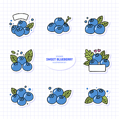열매 스티커 잎 일러스트 나뭇잎 사람없음 보라색 하트 블루베리 국내일러스트 AI파일 모양 식물 컬러 과일 파일형식 벡터