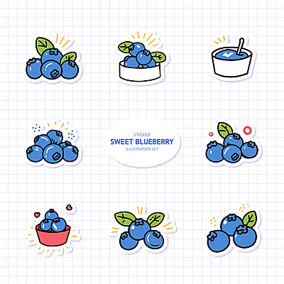 그릇 열매 스티커 잎 일러스트 나뭇잎 수저 사람없음 보라색 블루베리 국내일러스트 AI파일 식물 식기 컬러 과일 파일형식 벡터