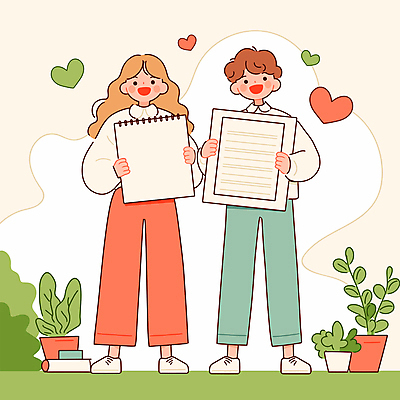 전신 여자 남자 화분 종이 일러스트 안내 미소 들기 성인 두명 초록색 하트 풀 스케치북 성인만 카피스페이스 국내일러스트 AI파일 모양 식물 컬러 모션 학용품 표정 사람 공백 파일형식 벡터