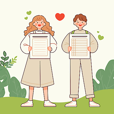 전신 여자 남자 종이 일러스트 안내 미소 들기 성인 두명 초록색 하트 풀 성인만 카피스페이스 국내일러스트 AI파일 모양 식물 컬러 모션 표정 사람 공백 파일형식 벡터