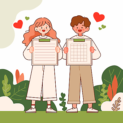 전신 여자 남자 종이 일러스트 안내 미소 들기 성인 두명 초록색 하트 풀 성인만 카피스페이스 국내일러스트 AI파일 모양 식물 컬러 모션 표정 사람 공백 파일형식 벡터