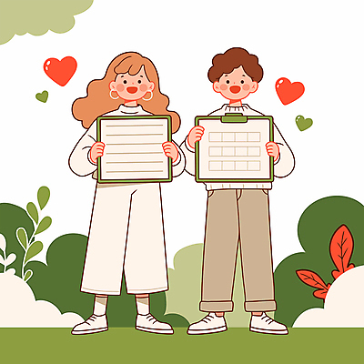 전신 여자 남자 일러스트 안내 미소 들기 성인 두명 초록색 하트 풀 서류판 성인만 카피스페이스 국내일러스트 AI파일 모양 식물 컬러 모션 표정 사람 사무용품 공백 파일형식 벡터