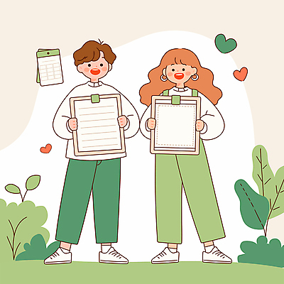 전신 여자 남자 일러스트 안내 미소 들기 성인 두명 초록색 다이어리 하트 풀 서류판 성인만 카피스페이스 국내일러스트 AI파일 모양 식물 컬러 모션 표정 사람 사무용품 공백 파일형식 벡터